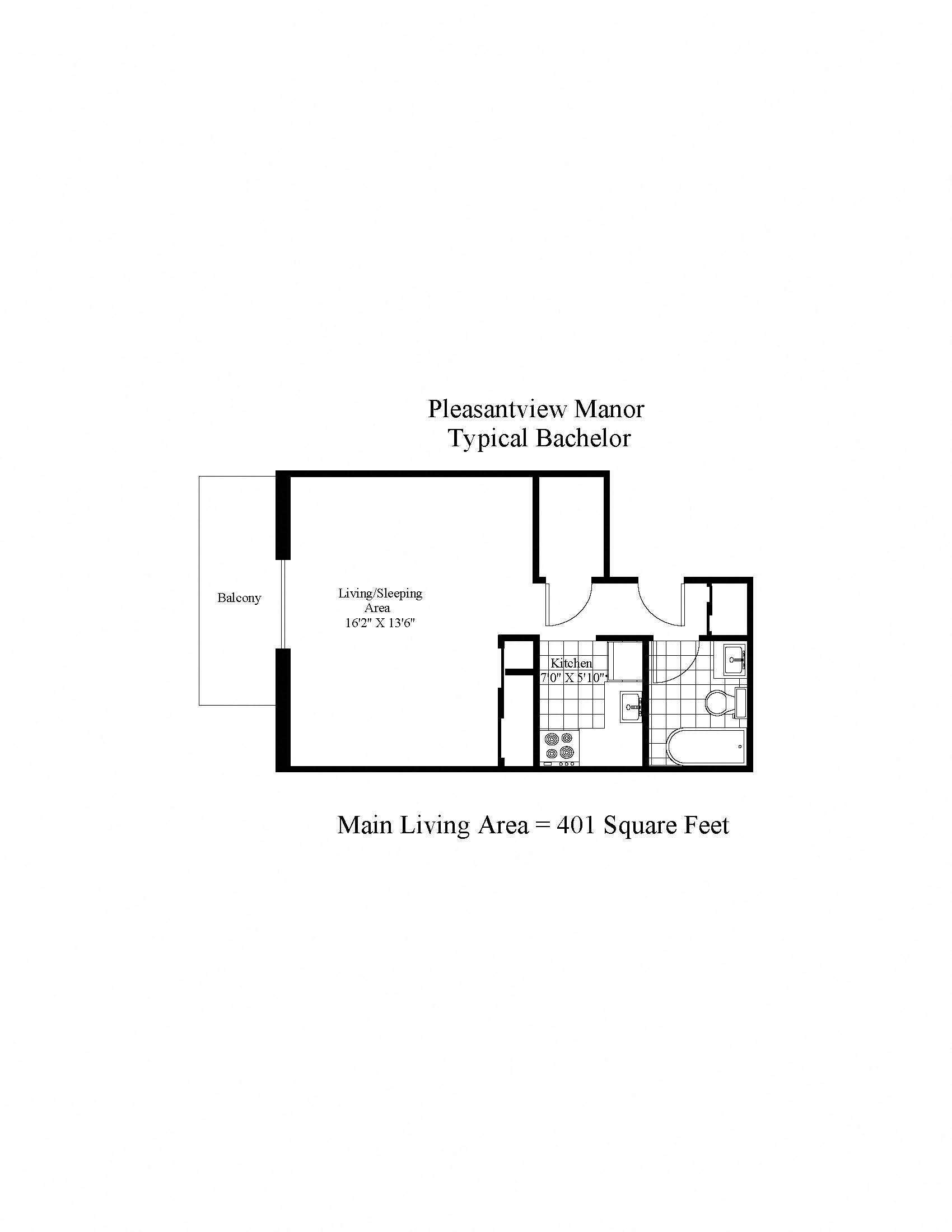 Floor plan for studio, 1 bath, 411 sqft